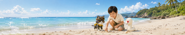 海辺でオロチとトワと遊ぶたける