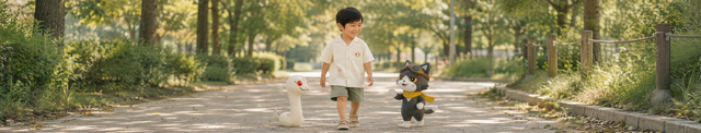 森の道をオロチとトワと一緒に歩くたける