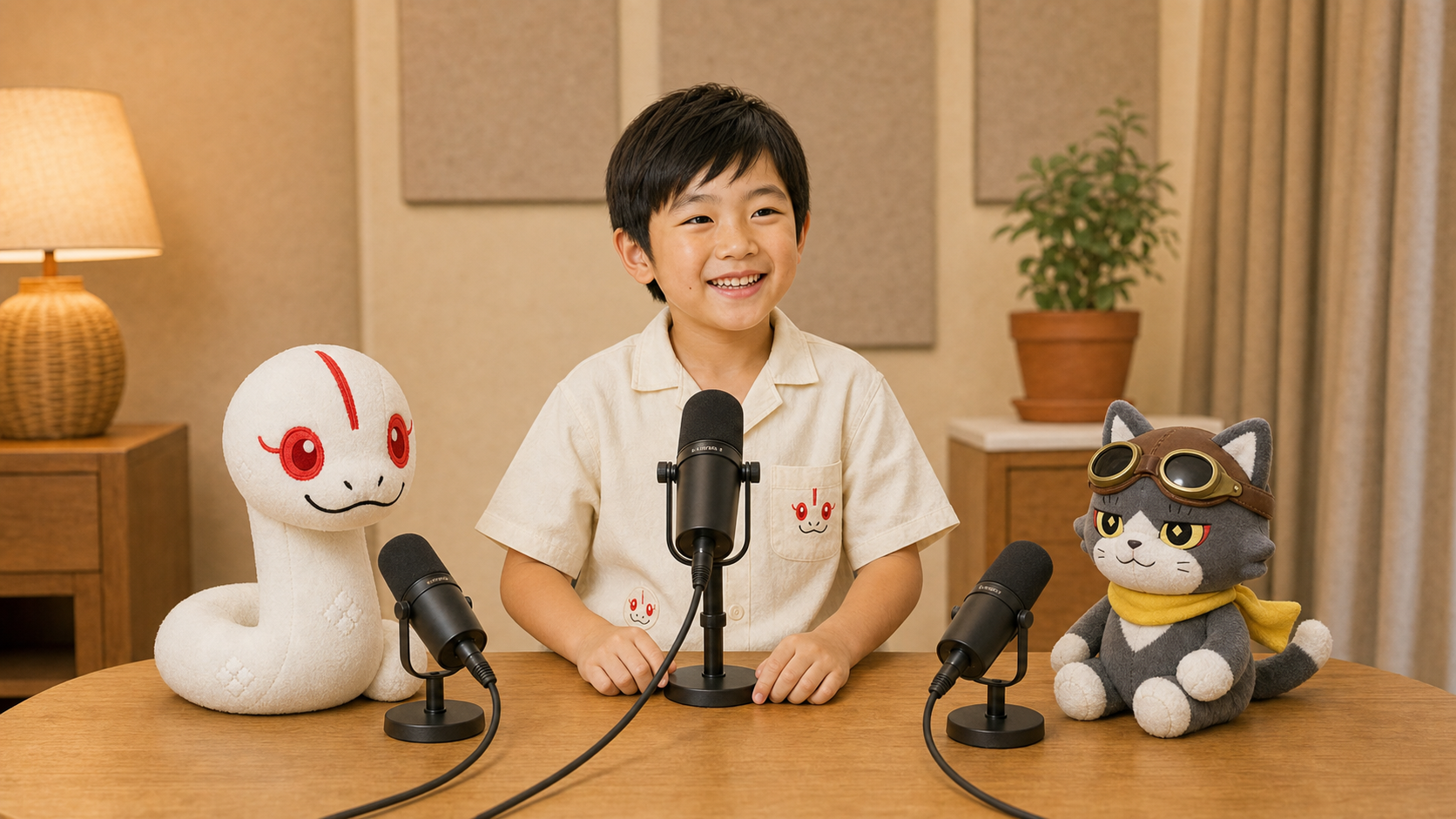 ぬいぐるみサイズのオロチと全身が見えるトワと一緒にポッドキャストを収録しているたける